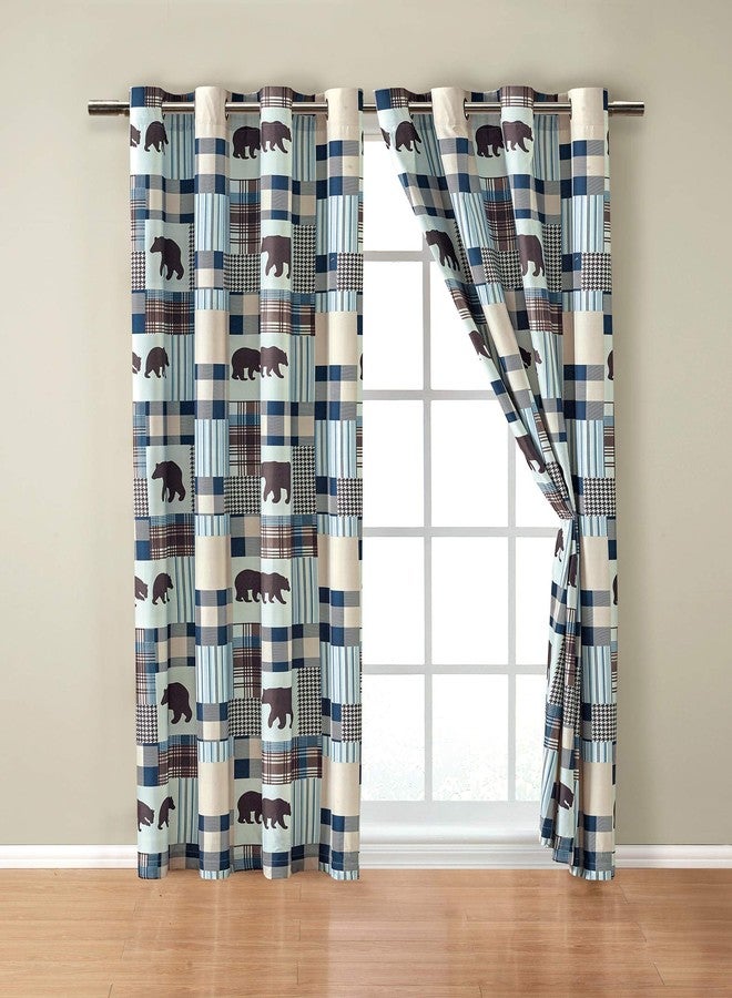 Rugs 4 Less Rustic Modern Farmhouse Cabin Lodge Window Treatment Grommet Curtain Set with Patchwork of Grizzly Bears and Buffalo Plaid Check Patterns Beige Blue - Curtain Set (Western 2) - Image 1
